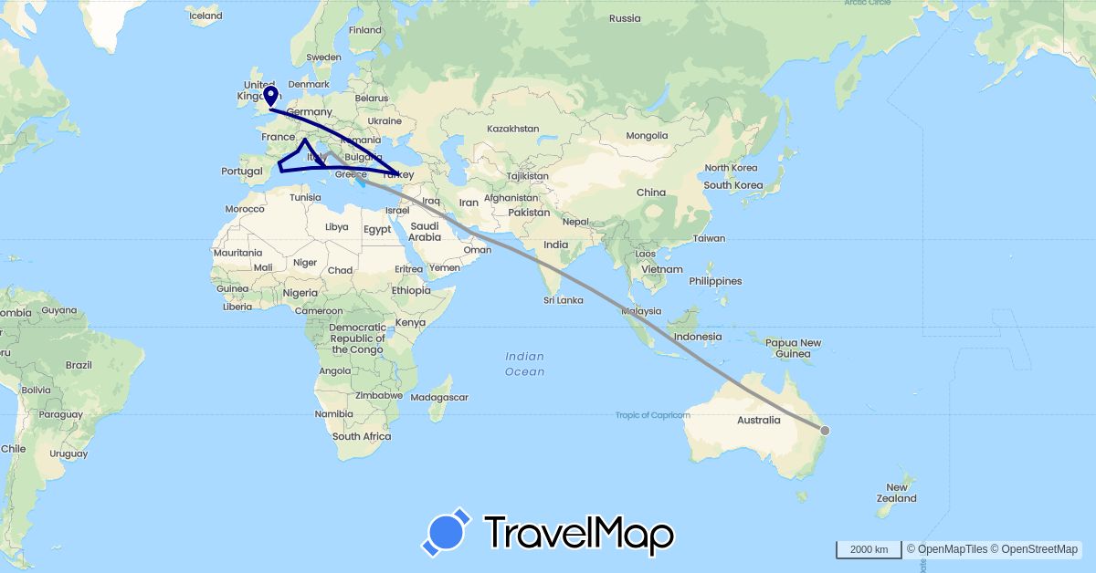 TravelMap itinerary: driving, plane, boat in United Arab Emirates, Australia, Spain, France, United Kingdom, Greece, Croatia, Italy, Singapore, Turkey (Asia, Europe, Oceania)